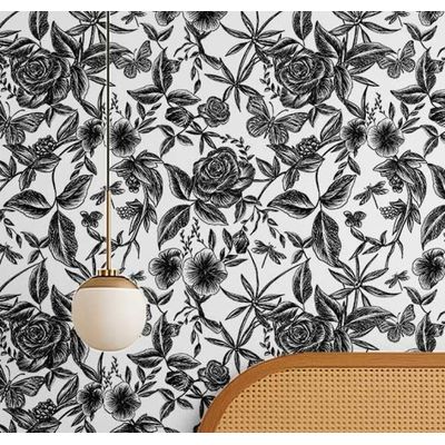 Papel Contato Vinílico Removível À Prova D'Água, Estampa Jardim de Rosas Gravado para Paredes, Armários e Cômoda - Preto - S4Sassy 63,5 cm (L) × 609,6 cm (C) / Preto - Vinil Liso