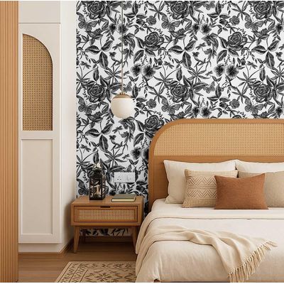 Papel Contato Vinílico Removível À Prova D'Água, Estampa Jardim de Rosas Gravado para Paredes, Armários e Cômoda - Preto - S4Sassy 63,5 cm (L) × 609,6 cm (C) / Preto - Vinil Liso