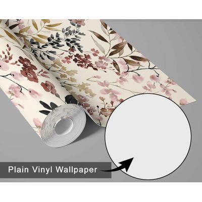 Papel de Parede Vinílico Autoadesivo Impermeável, Estampa Floral Aquarela Bege, Removível para Salas, Espaços Alugados, Armários - S4Sassy 63,5 cm (L) × 304,8 cm (C) / Bege - Vinil Liso