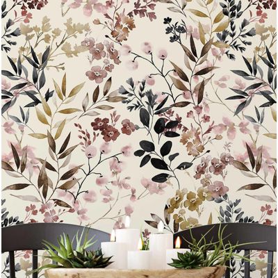Papel de Parede Vinílico Autoadesivo Impermeável, Estampa Floral Aquarela Bege, Removível para Salas, Espaços Alugados, Armários - S4Sassy 63,5 cm (L) × 304,8 cm (C) / Bege - Vinil Liso