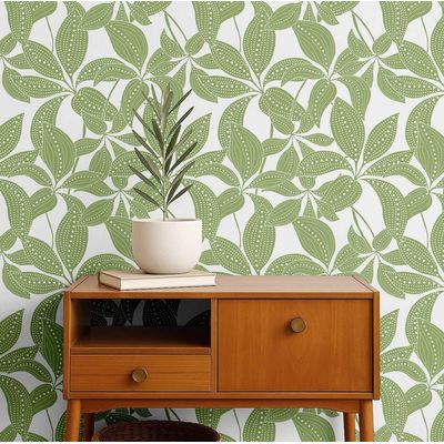 Papel de Parede Vinílico Autoadesivo Folhas Pontilhadas À Prova D'Água - Verde, Removível para Quartos, Inquilinos e Armários - S4Sassy 63,5 cm (L) × 304,8 cm (C) / Verde - Vinil Liso