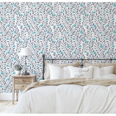 Rolo Autoadesivo Vinílico Impermeável Removível, Revestimento de Parede Estampa de Folhas Azuis para Paredes, Armários e Cômoda - S4sassy 63,5 cm (L) × 304,8 cm (C) / Azul - Vinil Liso
