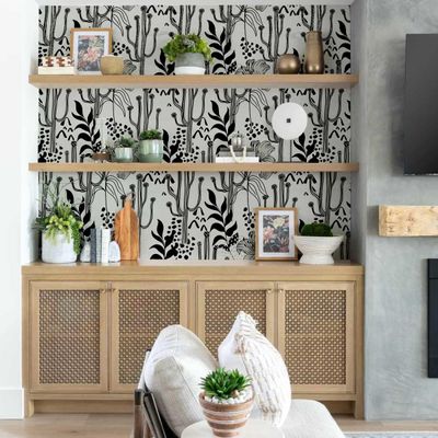 Vinil Autoadesivo Contact Impermeável Preto, Botânico com Cactos e Flores, Removível para Quartos, Salas, Inquilinos e Armários - S4Sassy 63,5 cm (L) × 304,8 cm (C) / Preto - Vinil Liso