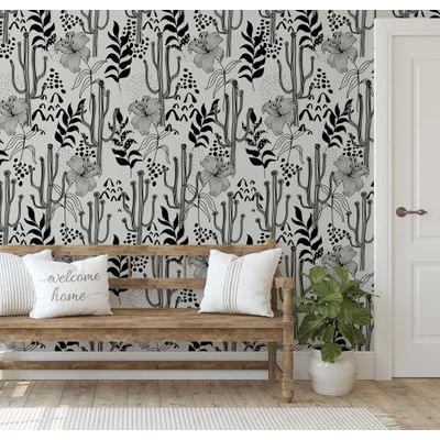 Vinil Autoadesivo Contact Impermeável Preto, Botânico com Cactos e Flores, Removível para Quartos, Salas, Inquilinos e Armários - S4Sassy 63,5 cm (L) × 914,4 cm (C) / Preto - Vinil Liso