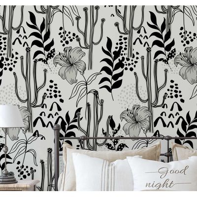 Vinil Autoadesivo Contact Impermeável Preto, Botânico com Cactos e Flores, Removível para Quartos, Salas, Inquilinos e Armários - S4Sassy 63,5 cm (L) × 914,4 cm (C) / Preto - Vinil Liso