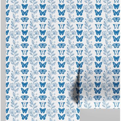 Papel Vinílico Autoadesivo Impermeável, Borboleta Chique e Vinha Floral, Azul, Removível para Quartos, Espaços Alugados e Armários - S4Sassy 63,5 cm (L) × 304,8 cm (C) / Azul - Vinil Liso