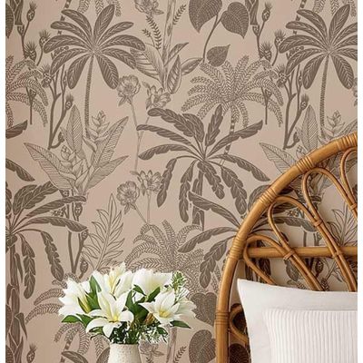 Papel de Parede Vinílico Autocolante Removível Botânico Selva À Prova D'Água Bege para Quartos, Espaços Alugados e Armários - S4Sassy 63,5 cm (L) × 914,4 cm (C) / Bege - Vinil Liso