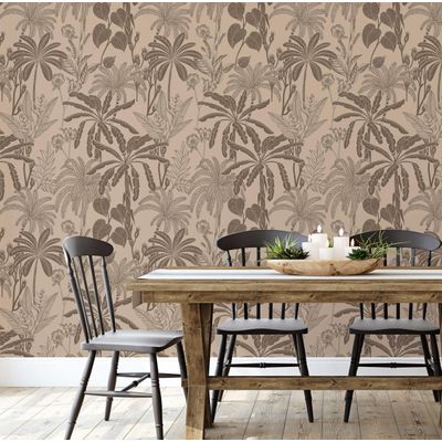 Papel de Parede Vinílico Autocolante Removível Botânico Selva À Prova D'Água Bege para Quartos, Espaços Alugados e Armários - S4Sassy 63,5 cm (L) × 914,4 cm (C) / Bege - Vinil Liso