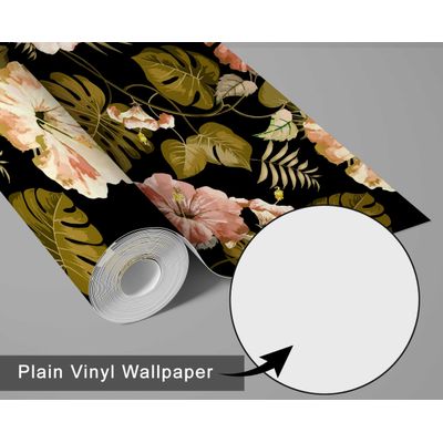 Papel de Parede Floral Hibiscus Preto, Vinil Autoadesivo Decorativo, Decoração DIY Fácil para Quarto, Sala, Armários - S4Sassy 63,5 cm (L) × 304,8 cm (C) / Preto - Vinil Liso
