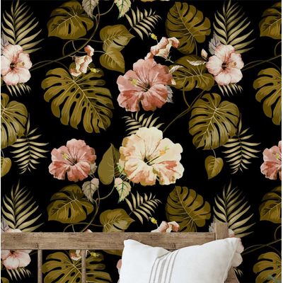 Papel de Parede Floral Hibiscus Preto, Vinil Autoadesivo Decorativo, Decoração DIY Fácil para Quarto, Sala, Armários - S4Sassy 63,5 cm (L) × 304,8 cm (C) / Preto - Vinil Liso
