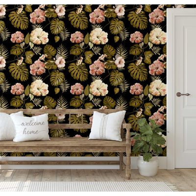 Papel de Parede Floral Hibiscus Preto, Vinil Autoadesivo Decorativo, Decoração DIY Fácil para Quarto, Sala, Armários - S4Sassy 63,5 cm (L) × 304,8 cm (C) / Preto - Vinil Liso