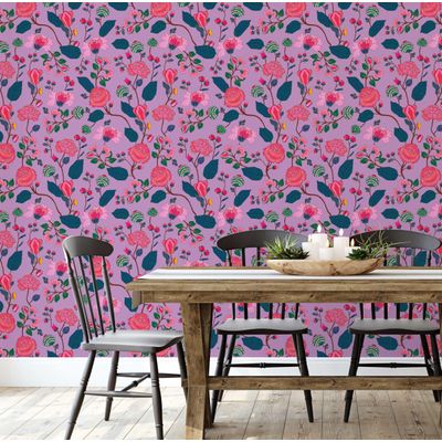 Papel Contact Autoadesivo Vinílico Removível Estilo Asiático Estampa Floral Blossom Roxo para Paredes e Cômoda - S4sassy 63,5 cm (L) × 304,8 cm (C) / Roxo - Vinil Liso
