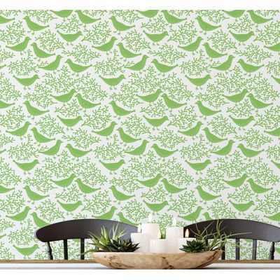 Papel Vinílico Autoadesivo Impermeável Estampa Chic de Pássaros e Corais Verde Removível para Quartos, Inquilinos e Armários - S4Sassy 63,5 cm (L) × 609,6 cm (C) / Verde - Vinil Liso