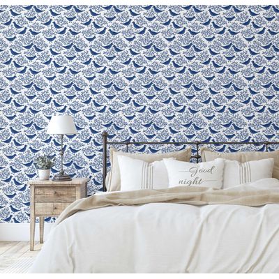 Papel de Parede Vinílico Autoadesivo À Prova d'Água, Estampa Chic de Pássaros e Coral - Azul, para Quartos, Locação e Armários - S4Sassy 63,5 cm (L) × 304,8 cm (C) / Azul - Vinil Liso