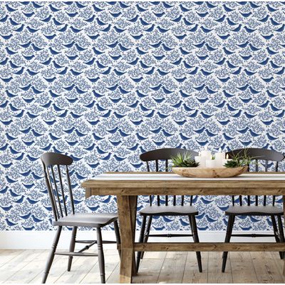 Papel de Parede Vinílico Autoadesivo À Prova d'Água, Estampa Chic de Pássaros e Coral - Azul, para Quartos, Locação e Armários - S4Sassy 63,5 cm (L) × 304,8 cm (C) / Azul - Vinil Liso