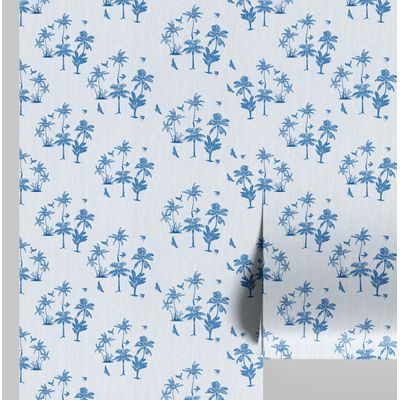 Papel de Parede Mini Ilha de Palmeiras Azul Vinílico Autoadesivo, Decoração DIY Fácil para Quarto, Sala, Armários - S4Sassy 63,5 cm (L) × 304,8 cm (C) / Azul - Vinil Texturizado