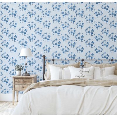 Papel de Parede Mini Ilha de Palmeiras Azul Vinílico Autoadesivo, Decoração DIY Fácil para Quarto, Sala, Armários - S4Sassy 63,5 cm (L) × 304,8 cm (C) / Azul - Vinil Texturizado