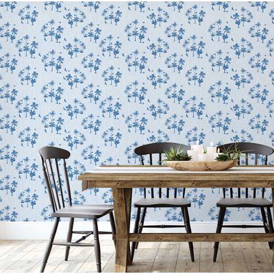 Papel de Parede Mini Ilha de Palmeiras Azul Vinílico Autoadesivo, Decoração DIY Fácil para Quarto, Sala, Armários - S4Sassy 63,5 cm (L) × 304,8 cm (C) / Azul - Vinil Texturizado