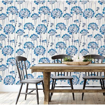 Papel Contact Vinílico Autoadesivo Impermeável 'Autumn Bloom' Azul Contemporâneo Removível para Paredes, Armários e Cômoda - S4sassy 63,5 cm (L) × 304,8 cm (C) / Azul - Vinil Liso