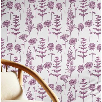 Papel de Parede Vinílico Autoadesivo Estampa Botânica em Esboço Chique, à Prova d'Água, Rosa - Para Quartos/Aluguel/Armários - S4Sassy 63,5 cm (L) × 914,4 cm (C) / Rosa - Vinil Liso