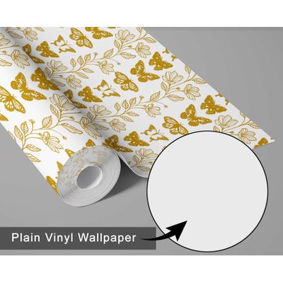 Papel de Parede Vinil Adesivo Amarelo com Borboletas Azuis Chiques e Vinha Floral, Impermeável, Removível para Quartos e Armários - S4Sassy 63,5 cm (L) × 152,4 cm (C) / Amarelo - Vinil Liso