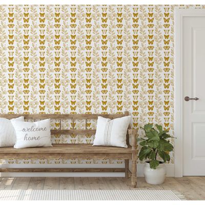 Papel de Parede Vinil Adesivo Amarelo com Borboletas Azuis Chiques e Vinha Floral, Impermeável, Removível para Quartos e Armários - S4Sassy 63,5 cm (L) × 152,4 cm (C) / Amarelo - Vinil Liso