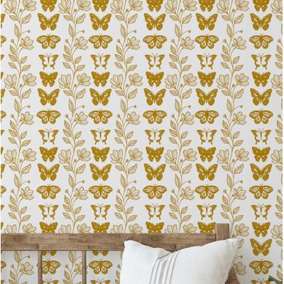 Papel de Parede Vinil Adesivo Amarelo com Borboletas Azuis Chiques e Vinha Floral, Impermeável, Removível para Quartos e Armários - S4Sassy 63,5 cm (L) × 152,4 cm (C) / Amarelo - Vinil Liso