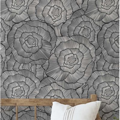 Papel Contact Cinza Contemporâneo Removível, Floral de Linhas Finas, Vinil Autoadesivo Impermeável para Paredes, Armários e Cômoda - S4sassy 63,5 cm (L) × 609,6 cm (C) / Cinza - Vinil Liso