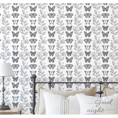 Papel Contact Vinílico Autoadesivo Impermeável, Borboletas e Trepadeira Floral Chique, Cinza, Removível para Quartos e Armários - S4Sassy 63,5 cm (L) × 304,8 cm (C) / Cinza - Vinil Liso