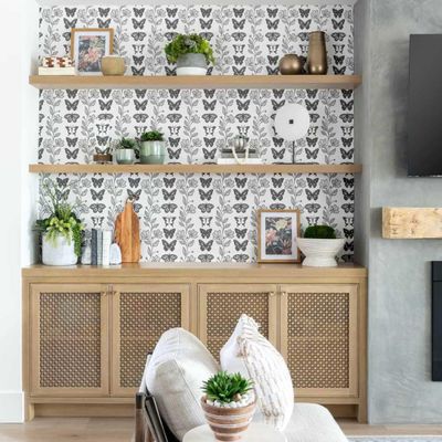 Papel Contact Vinílico Autoadesivo Impermeável, Borboletas e Trepadeira Floral Chique, Cinza, Removível para Quartos e Armários - S4Sassy 63,5 cm (L) × 304,8 cm (C) / Cinza - Vinil Liso