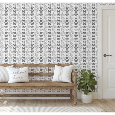 Papel Contact Vinílico Autoadesivo Impermeável, Borboletas e Trepadeira Floral Chique, Cinza, Removível para Quartos e Armários - S4Sassy 63,5 cm (L) × 304,8 cm (C) / Cinza - Vinil Liso
