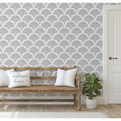Papel de Parede Vinílico Autoadesivo Folha Leque Chique Impermeável Cinza Removível Para Quartos, Salas, Locatários e Armários - S4Sassy 63,5 cm (L) × 914,4 cm (C) / Cinza - Vinil Texturizado