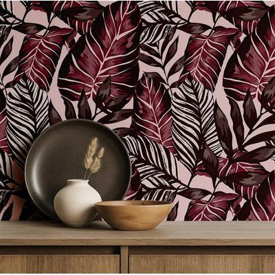 Papel de Parede Folhagem Tropical Vermelho, Vinil Autoadesivo Decorativo, Fácil (Faça Você Mesmo) para Quarto e Sala de Estar - S4Sassy 63,5 cm (L) × 304,8 cm (C) / Vermelho - Vinil Liso