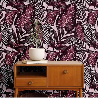 Papel de Parede Folhagem Tropical Vermelho, Vinil Autoadesivo Decorativo, Fácil (Faça Você Mesmo) para Quarto e Sala de Estar - S4Sassy 63,5 cm (L) × 304,8 cm (C) / Vermelho - Vinil Liso