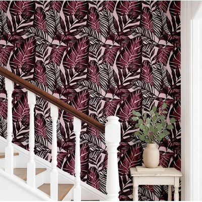 Papel de Parede Folhagem Tropical Vermelho, Vinil Autoadesivo Decorativo, Fácil (Faça Você Mesmo) para Quarto e Sala de Estar - S4Sassy 63,5 cm (L) × 304,8 cm (C) / Vermelho - Vinil Liso