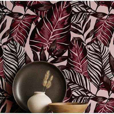 Papel de Parede Folhagem Tropical Vermelho, Vinil Autoadesivo Decorativo, Fácil (Faça Você Mesmo) para Quarto e Sala de Estar - S4Sassy 63,5 cm (L) × 304,8 cm (C) / Vermelho - Vinil Liso