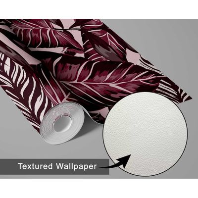 Papel de Parede Folhagem Tropical Vermelho, Vinil Autoadesivo Decorativo, Fácil (Faça Você Mesmo) para Quarto e Sala de Estar - S4Sassy 63,5 cm (L) × 152,4 cm (C) / Vermelho - Vinil Texturizado