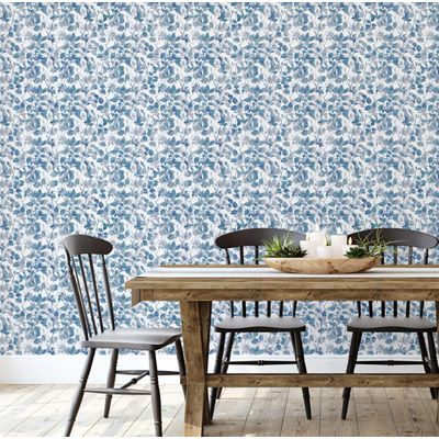 Papel de Parede Vinílico Autoadesivo Floral Chique Impermeável, Removível, Azul para Quartos, Salas, Espaços Alugados e Armários - S4Sassy 63,5 cm (L) × 304,8 cm (C) / Azul - Vinil Liso