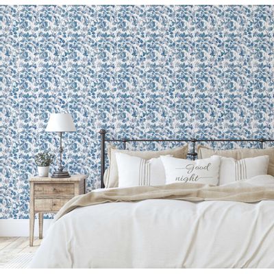 Papel de Parede Vinílico Autoadesivo Floral Chique Impermeável, Removível, Azul para Quartos, Salas, Espaços Alugados e Armários - S4Sassy 63,5 cm (L) × 304,8 cm (C) / Azul - Vinil Liso