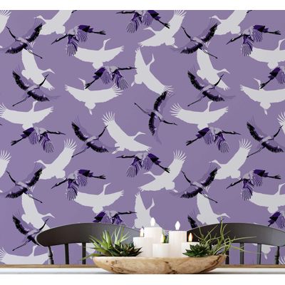 Papel de Parede Vinílico Autocolante Removível Roxo com Garças Voando, Impermeável, para Quartos, Salas e Armários - S4Sassy 63,5 cm (L) × 609,6 cm (C) / Roxo - Vinil Liso
