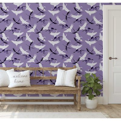 Papel de Parede Vinílico Autocolante Removível Roxo com Garças Voando, Impermeável, para Quartos, Salas e Armários - S4Sassy 63,5 cm (L) × 609,6 cm (C) / Roxo - Vinil Liso