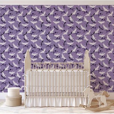 Papel de Parede Vinílico Autocolante Removível Roxo com Garças Voando, Impermeável, para Quartos, Salas e Armários - S4Sassy 63,5 cm (L) × 609,6 cm (C) / Roxo - Vinil Liso