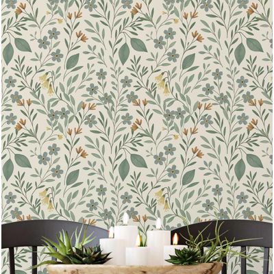 Papel de Parede Vinílico Autocolante Estampa Floral de Trepadeira Impermeável - Verde, para Quartos, Espaços de Locação, Armários - S4Sassy 63,5 cm (L) × 152,4 cm (C) / Verde - Vinil Liso
