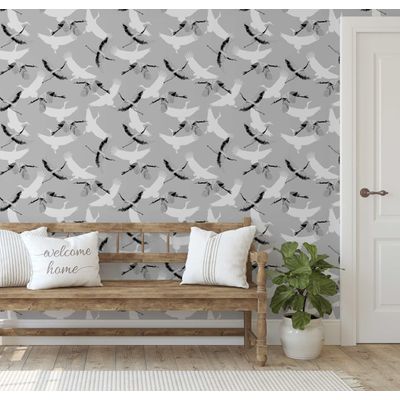 Papel de Parede Vinílico Autoadesivo Removível Impermeável, Estampa Garças Voando Chic Cinza para Quartos, Salas, Armários - S4Sassy 63,5 cm (L) × 304,8 cm (C) / Cinza - Vinil Liso