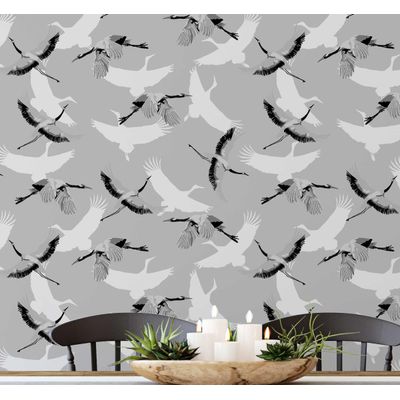 Papel de Parede Vinílico Autoadesivo Removível Impermeável, Estampa Garças Voando Chic Cinza para Quartos, Salas, Armários - S4Sassy 63,5 cm (L) × 304,8 cm (C) / Cinza - Vinil Liso