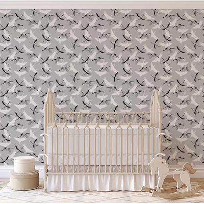 Papel de Parede Vinílico Autoadesivo Removível Impermeável, Estampa Garças Voando Chic Cinza para Quartos, Salas, Armários - S4Sassy 63,5 cm (L) × 304,8 cm (C) / Cinza - Vinil Liso