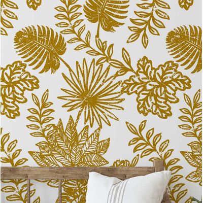 Papel de Parede Vinílico Autoadesivo com Folhas Tropicais Amarelas, Decoração DIY Fácil para Quarto, Sala, Armários - S4Sassy 63,5 cm (L) × 304,8 cm (C) / Amarelo - Vinil Liso
