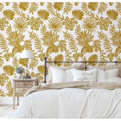 Papel de Parede Vinílico Autoadesivo com Folhas Tropicais Amarelas, Decoração DIY Fácil para Quarto, Sala, Armários - S4Sassy 63,5 cm (L) × 304,8 cm (C) / Amarelo - Vinil Liso