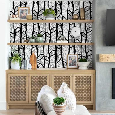 Papel de Parede Vinílico Autoadesivo Padrão Abstrato de Árvore Moderno, Preto, Revestimento Fácil para Quarto, Armários e Sala - S4Sassy 63,5 cm (L) × 609,6 cm (C) / Preto - Vinil Liso