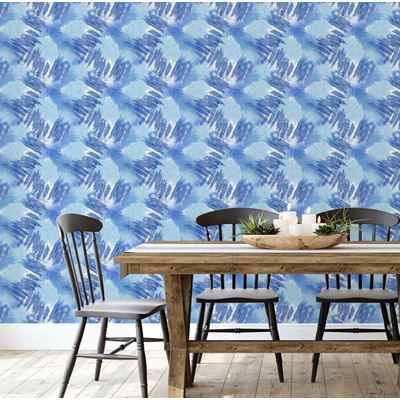 Papel de Parede Pinceladas Artísticas em Azul, Vinil Autoadesivo, Revestimento Fácil de Aplicar para Quarto, Armários e Ambientes - S4Sassy 63,5 cm (L) × 609,6 cm (C) / Azul - Vinil Texturizado